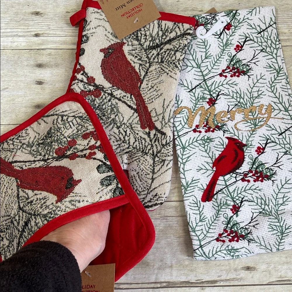 Merry Cardinal 3 Pc Kitchen Set Holiday Dish Towel/Pot Holder/Oven Mitt NWT
